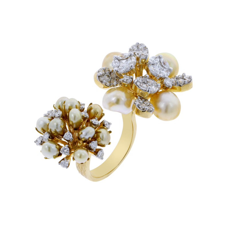 Pearl Clusters Open Ring with Mixed Cut Diamonds, 18K Gold