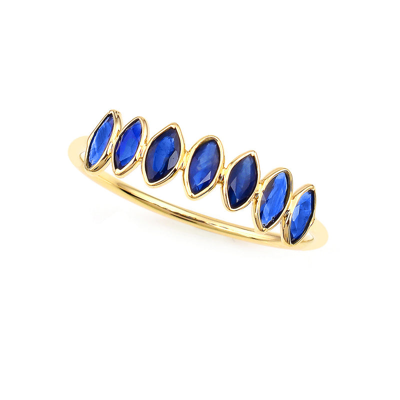 Seven Blue Sapphire Marquise Shape Ring Band, 18k Yellow Gold