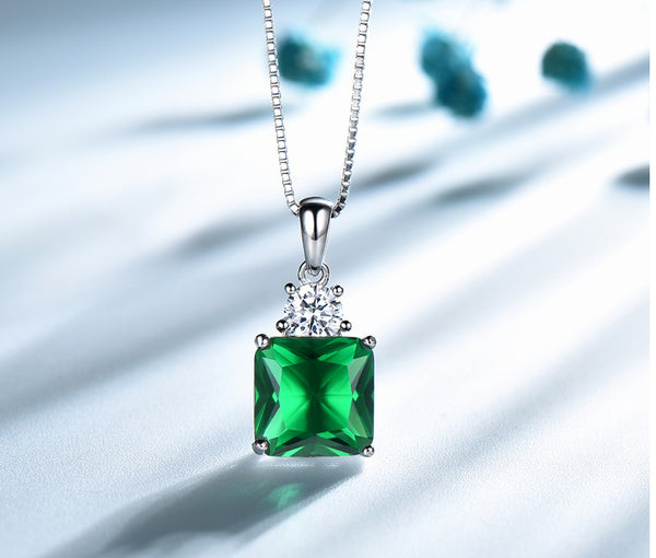 Square Emerald Green Cubic Zirconia Pendant Necklace, Sterling Silver