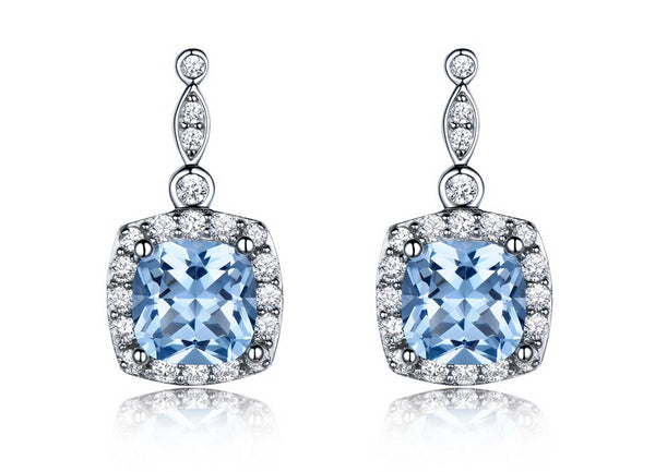 Cushion Aquamarine Sky Blue Cubic Zirconia Sterling Silver Earrings