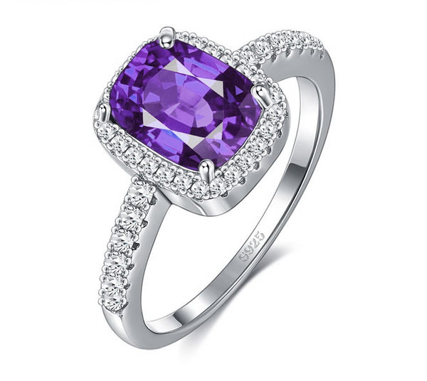 Classic Cushion Amethyst Purple Cubic Zirconia, Sterling Silver Halo Ring