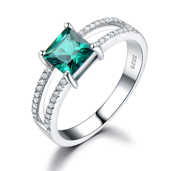 Square Emerald Green Cubic Zirconia Two Row Mounting Sterling Silver Ring