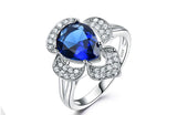 Pear Shape Sapphire Blue Cubic Zirconia Four-Clover Style Sterling Silver Ring