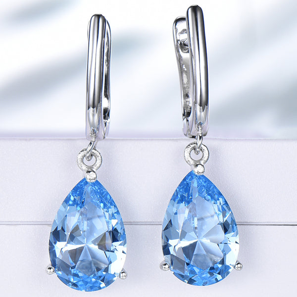 Dangling Pear Aquamarine Sky Blue Cubic Zirconia Sterling Silver Earrings