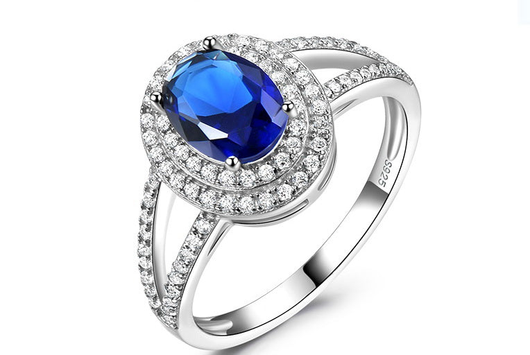 Oval 6 x 8 Sapphire Blue Cubic Zirconia Double Halo Split Shank Sterling Silver Ring