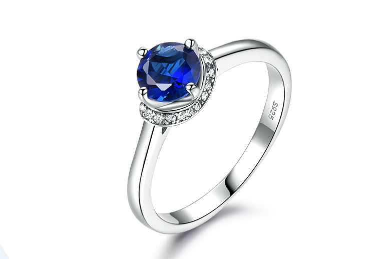 Round 6MM Sapphire Blue Cubic Zirconia Circular Halo Sterling Silver Ring