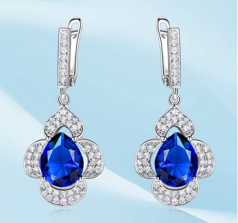Dangling Pear Sapphire Blue Cubic Zirconia Sterling Silver Earrings
