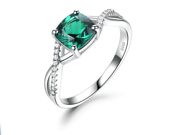 Cushion 7 x 7 Emerald Green Cubic Zirconia Wavy Mounting Sterling Silver Ring