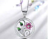 Pink Flower with Leaves Enamel Pendant Necklace, Sterling Silver
