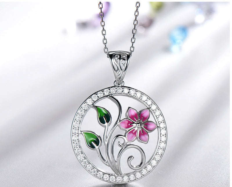 Pink Flower with Leaves Enamel Pendant Necklace, Sterling Silver