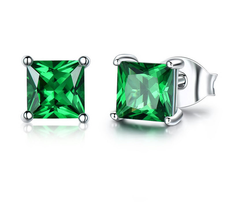 Square Emerald Green Cubic Zirconia Sterling Silver Stud Earrings