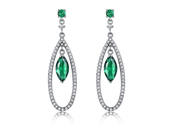 Dangling Round and Marquise Emerald Green Cubic Zirconia Sterling Silver Earrings