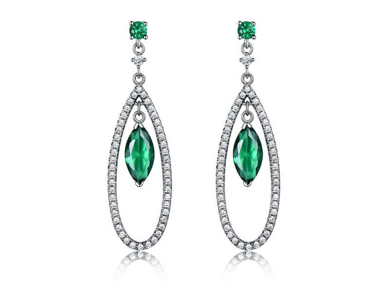 Dangling Round and Marquise Emerald Green Cubic Zirconia Sterling Silver Earrings