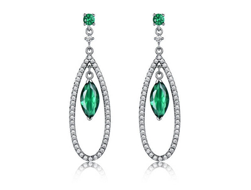 Dangling Round and Marquise Emerald Green Cubic Zirconia Sterling Silver Earrings