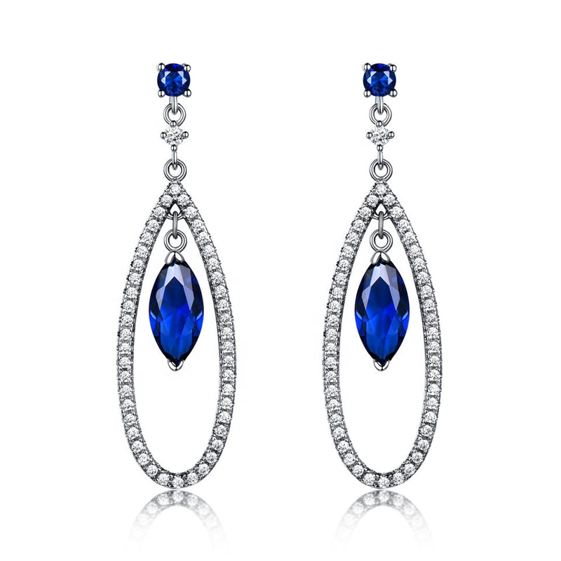 Dangling Round and Marquise Blue Cubic Zirconia Sterling Silver Earrings
