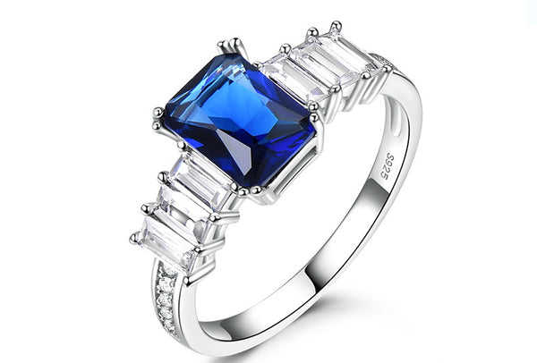 Rectangular Sapphire Blue Cubic Zirconia Three Side Stones Sterling Silver Ring
