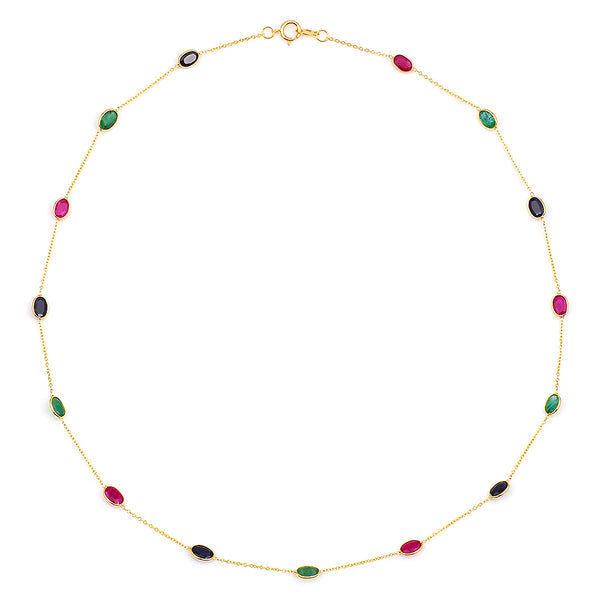 Oval Emerald, Ruby, Sapphire, 18k Yellow Gold Necklace