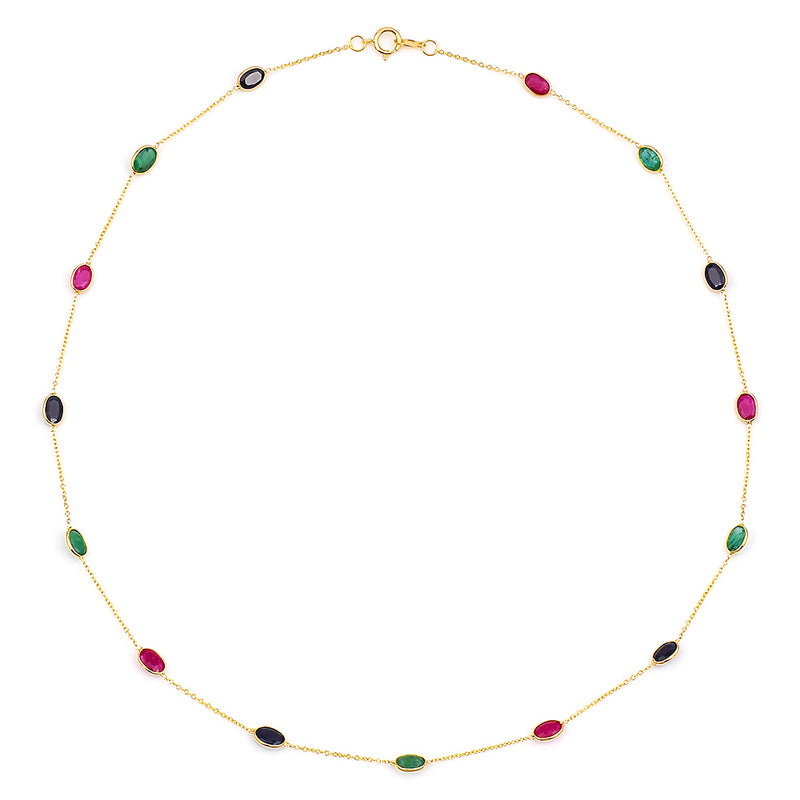 Oval Emerald, Ruby, Sapphire, 18k Yellow Gold Necklace