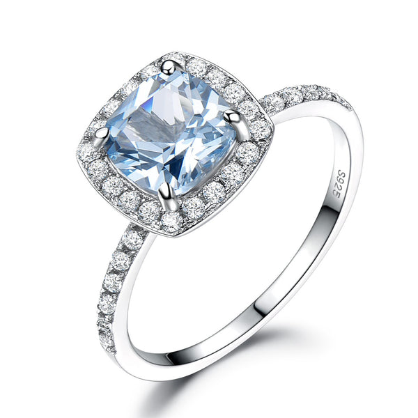 Aquamarine Sky Blue Cushion Cubic Zirconia Sterling Silver Ring