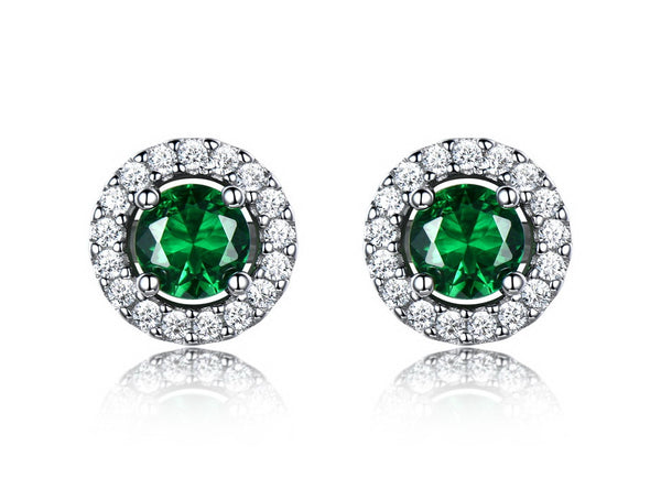 Round Emerald Green Cubic Zirconia Sterling Silver Earrings