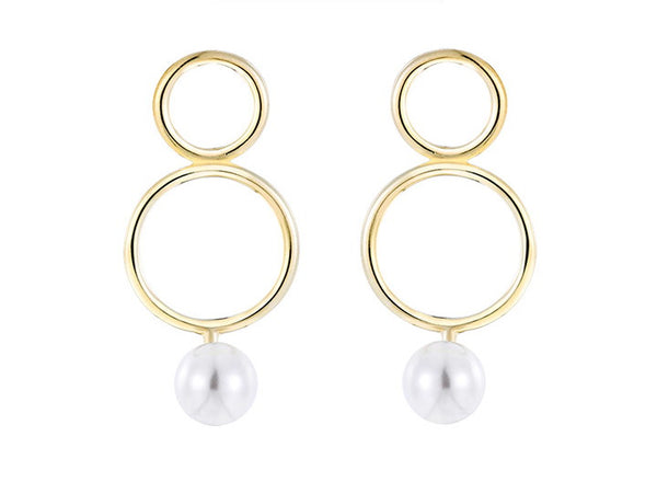 Double Hoop Round Pearl Sterling Silver Earrings