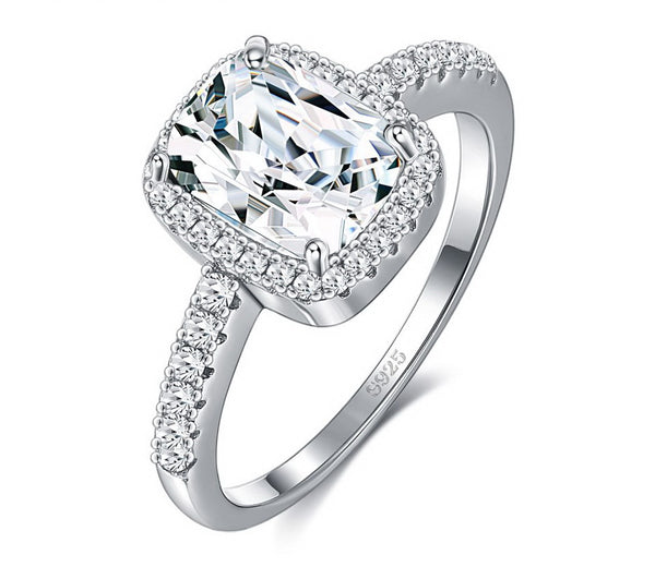 Classic Cushion White Cubic Zirconia, Halo Setting Sterling Silver Ring