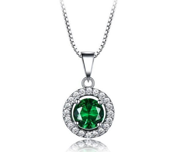 Round Halo Emerald Green Cubic Zirconia Pendant Necklace, Sterling Silver