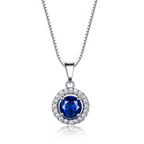 Round Halo Sapphire Blue Cubic Zirconia Pendant Necklace, Sterling Silver