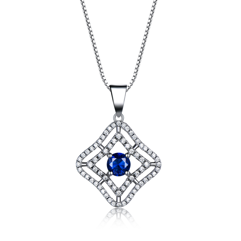 Quad-Shape Round Sapphire Blue Cubic Zirconia Pendant Necklace, Sterling Silver