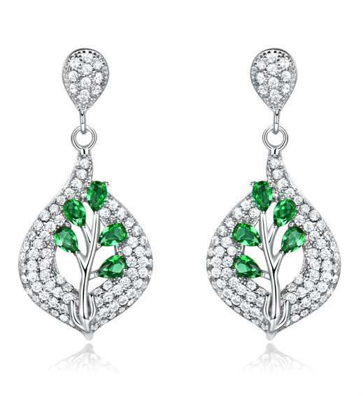 Leaf-Design Emerald Green Cubic Zirconia Sterling Silver Earrings