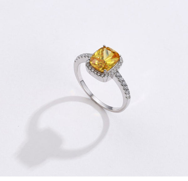 Classic Cushion Yellow Sapphire Cubic Zirconia, Sterling Silver Halo Ring