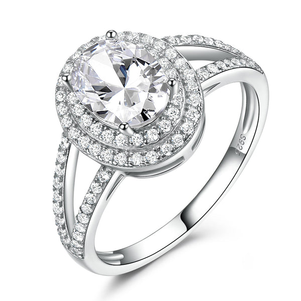 Oval 6 x 8 White Cubic Zirconia Double Halo Split Shank Sterling Silver Ring