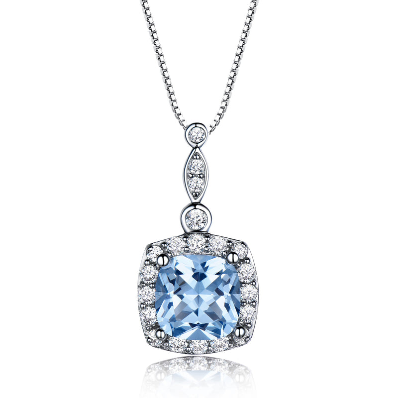 Round Halo-Set Aquamarine Sky Blue Cubic Zirconia Pendant Necklace, Sterling Silver