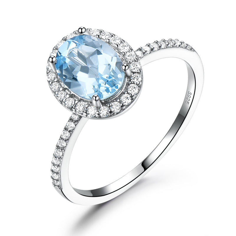 Oval 6 x 8 Aquamarine Blue Cubic Zirconia Sterling Silver Halo Ring