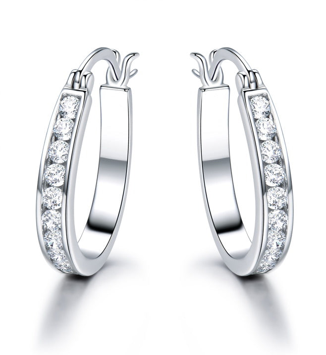 Round White Cubic Zirconia Sterling Silver Hoop Earrings