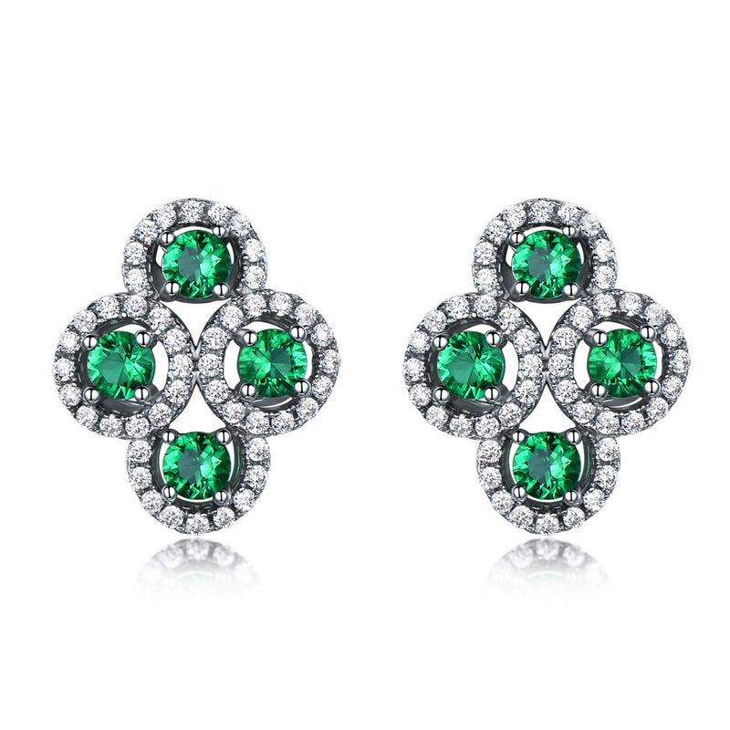 Four Round Circular Emerald Green Cubic Zirconia Sterling Silver Earrings