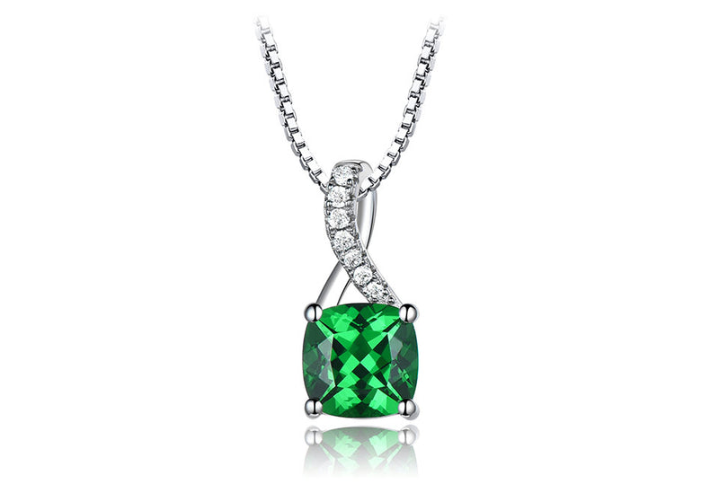 Cushion Emerald Green Cubic Zirconia Bow Pendant Necklace, Sterling Silver