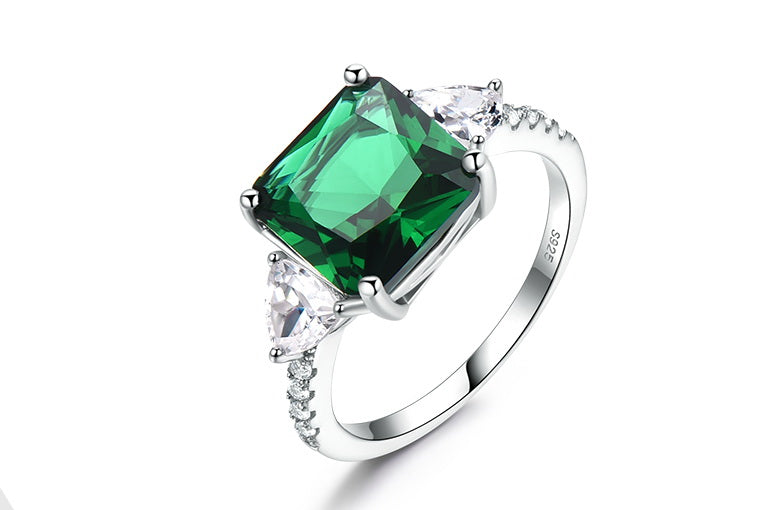 Square Cushion Emerald Green Cubic Zirconia with Two Trillion Cuts, Sterling Silver Ring