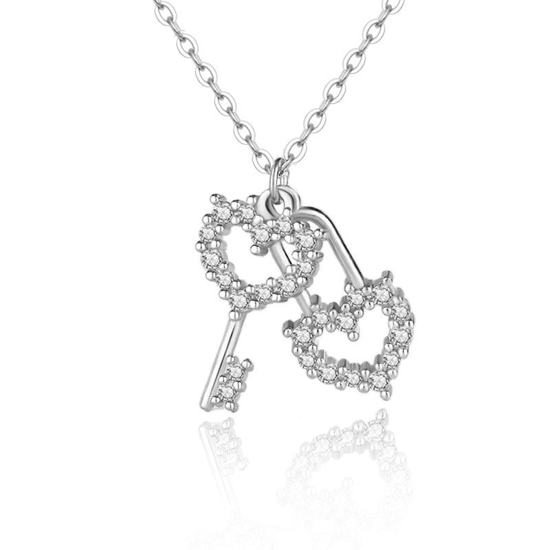 Heart Lock Key Cubic Zirconia Pendant Necklace, Sterling Silver