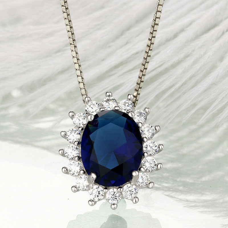 Oval Sapphire Blue Cubic Zirconia Pendant Necklace, Sterling Silver