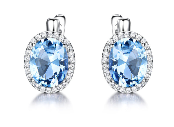 Oval Aquamarine Sky Blue Cubic Zirconia Sterling Silver Earrings