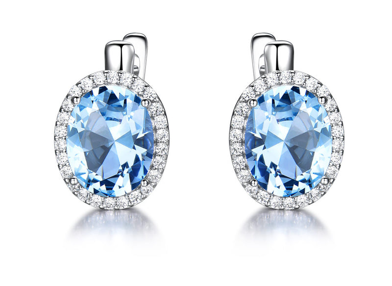 Oval Aquamarine Sky Blue Cubic Zirconia Sterling Silver Earrings