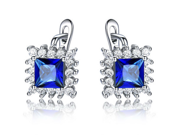Square Sapphire Blue Cubic Zirconia Sterling Silver Earrings