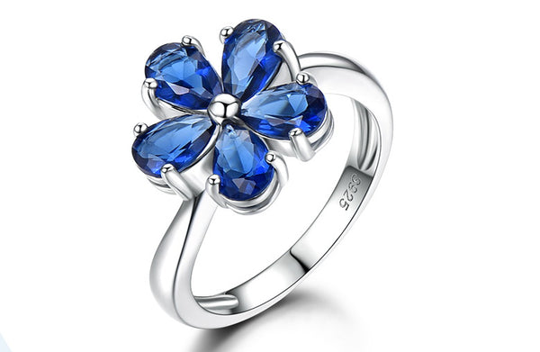 Pear Shape Sapphire Blue Cubic Zirconia Floral Sterling Silver Ring