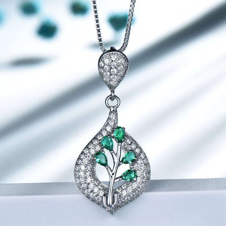 Double Pear Tree Emerald Green Cubic Zirconia Pendant Necklace, Sterling Silver