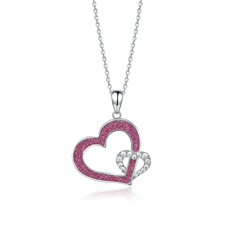 Red and White Double Heart Cubic Zirconia Pendant Necklace, Sterling Silver