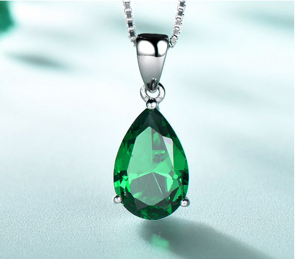 Pear Emerald Green Cubic Zirconia Pendant Necklace, Sterling Silver