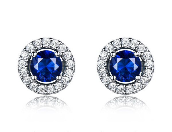 Round Sapphire Blue Cubic Zirconia Sterling Silver Earrings