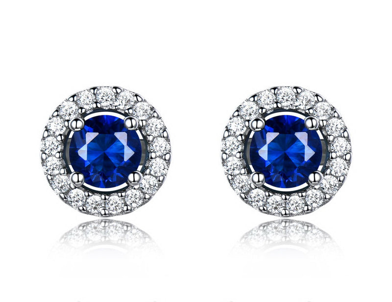 Round Sapphire Blue Cubic Zirconia Sterling Silver Earrings