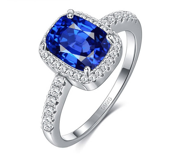 Classic Cushion Sapphire Blue Colored Cubic Zirconia, Halo Setting Sterling Silver Ring